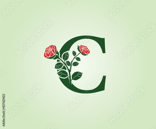 C Letter design with red rose flower and leaves on a green background. Initial Letter C Vector Illustration combined with Botanical elements.