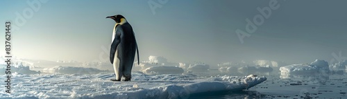 A lone penguin stands on a snowy landscape  with a hazy background.