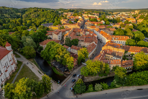 Aerial summer evening sunset view of Užupis district, Vilnius old town, Lithuania