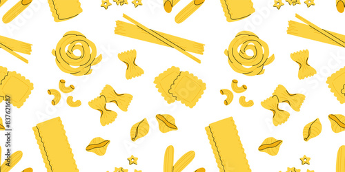 Pasta seamless pattern isolated on white background. Vector flat cartoon macaroni illustration. Italian cuisine, food icons and design elements background