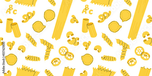 Pasta seamless pattern isolated on white background. Vector flat cartoon macaroni illustration. Italian cuisine, food icons and design elements background