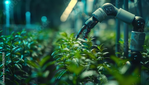 Artificial intelligence in agriculture, robotic arms, digital sensors, futuristic greenhouse, holographic data, realistic illustration, green and blue tones, high resolution photo