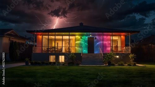 The surreal charm of colorful lightning striking a house exterior, creating an electrifying display of vivid colors against the darkness ai_generated © Haroon