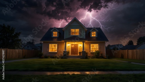 The surreal charm of colorful lightning striking a house exterior, creating an electrifying display of vivid colors against the darkness ai_generated
