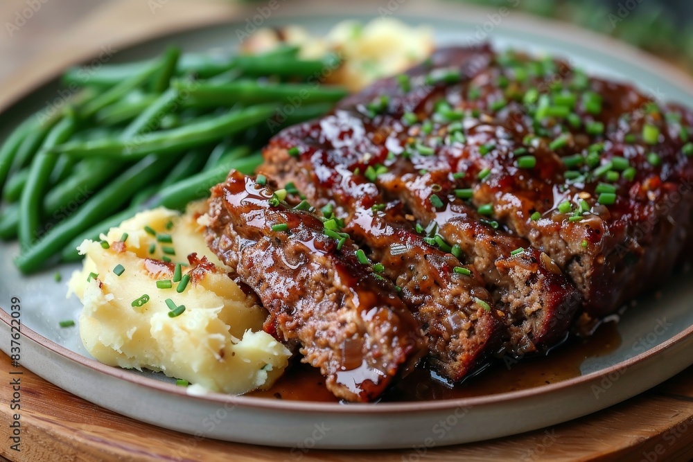 Meatloaf - Sliced meatloaf with mashed potatoes and green beans. Meatloaf - Sliced meatloaf with mashed potatoes and green beans.