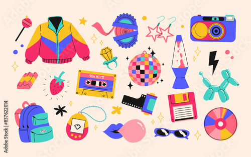 Classic 80s back to 90s elements in modern flat style. Hand drawn sticker set, vector illustration. Fashion patch, badge, emblem with vintage accessories.