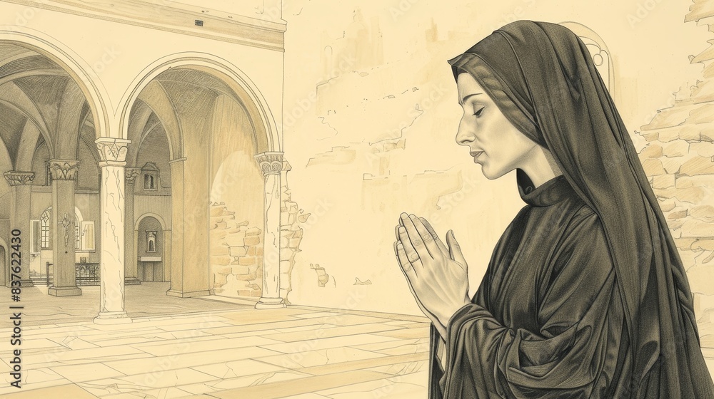 Naklejka premium Eustochium the Devout, Praying in Convent Chapel, Biblical Illustration, Beige Background, Copyspace