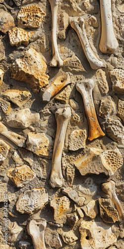 Scattered Assorted Human Vintage Dirty Bones For Background Created Using Artificial Intelligence