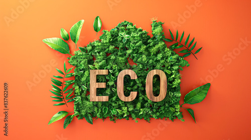 Celebrating Green Architecture ECO Wooden Letters and Leafy Home on Vibrant Orange Background