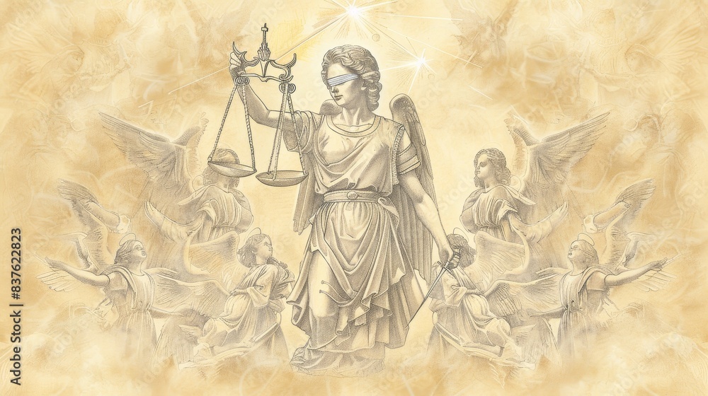 Michael the Archangel in Final Judgment, Celestial Light and Angels, Biblical Illustration, Beige Background, Copyspace Michael the Archangel in Final Judgment, Celestial Light and Angels, Biblical Illustration, Beige Background, Copyspace