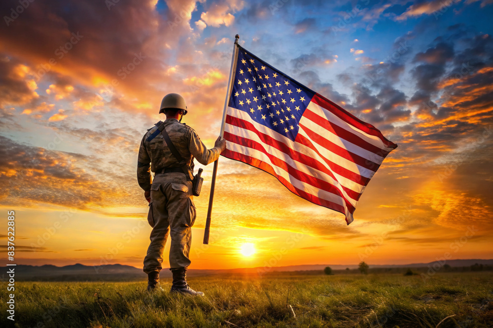 Soldier and USA flag on sunrise background
Soldier and USA flag on sunrise background