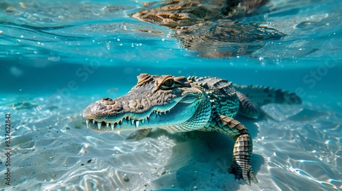 A crocodile swims through crystal clear water with its head just above the surface.