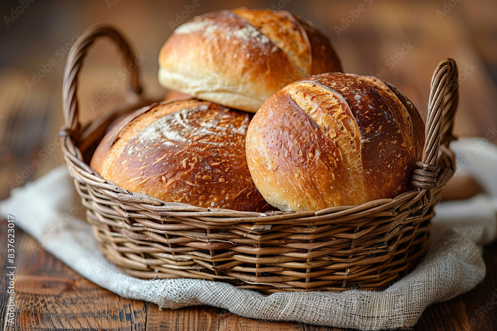 A basket of bread, fresh bread on wooden table,generative ai A basket of bread, fresh bread on wooden table,generative ai