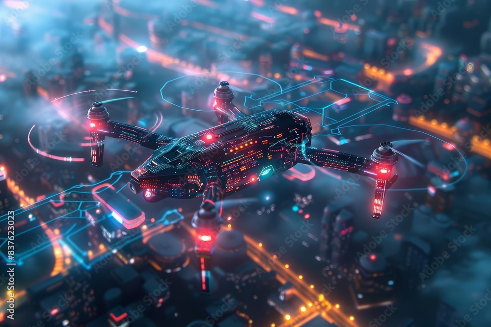 Autonomous AI drone, city skyline, digital interface, futuristic technology, holographic elements, high detail, 3D rendering, bright colors, dynamic composition, aerial view Autonomous AI drone, city skyline, digital interface, futuristic technology, holographic elements, high detail, 3D rendering, bright colors, dynamic composition, aerial view