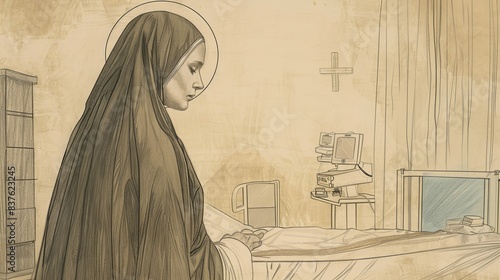 Saint Bernadette Soubirous caring for the sick, compassion and dedication, serene hospital, beige background, Biblical Illustration, copyspace photo