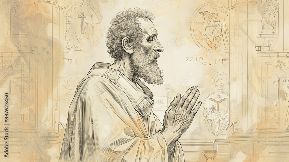 Fototapeta premium Zeno in Devotion, Surrounded by Early Christian Symbols, Biblical Illustration, Beige Background, Copyspace