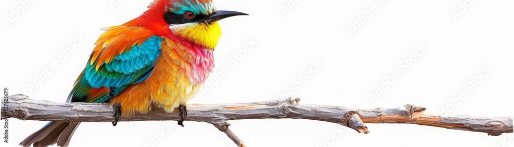Colorful bird perched on a branch against a white background. Colorful bird perched on a branch against a white background.
