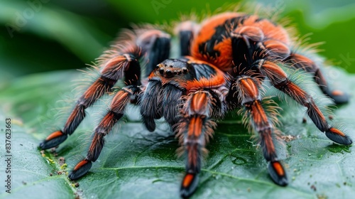 A colorful tarantula spider with black, red, and orange markings sits on a green leaf. photo