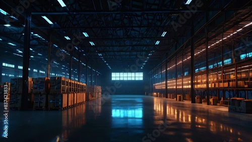 The video is of the inside of a large warehouse with a concrete floor and metal shelves stocked with boxes.