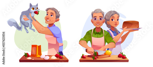 Senior people cooking pastry scenes isolated on white background. Vector cartoon illustration of man playing with pet cat in kitchen, elderly couple making strawberry cake together, retirement hobby