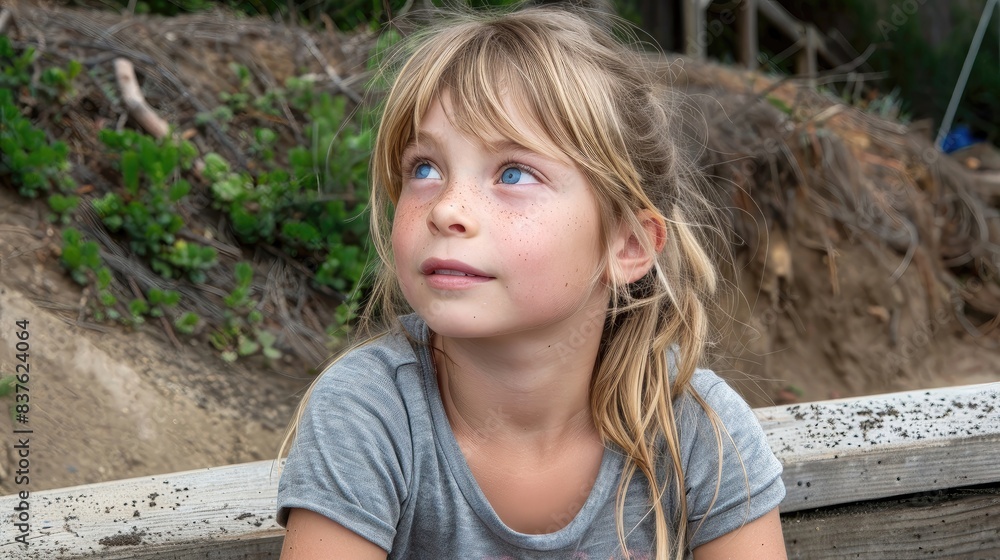 A young girl with blonde hair and blue eyes is sitting on a wooden bench A young girl with blonde hair and blue eyes is sitting on a wooden bench