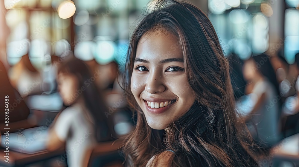 A woman with long hair is smiling at the camera A woman with long hair is smiling at the camera