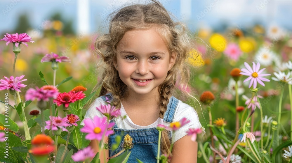A young girl is sitting in a field of flowers, smiling and looking at the camera A young girl is sitting in a field of flowers, smiling and looking at the camera