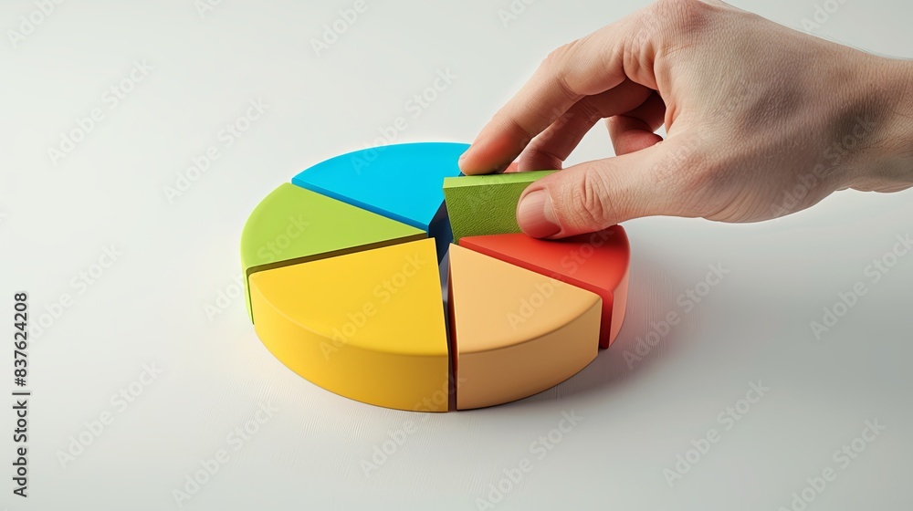 Fototapeta premium A hand is reaching into a pie chart, which is divided into five pieces