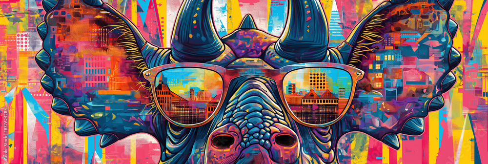 A Triceratops image taken in the pop art style. A Triceratops image taken in the pop art style.