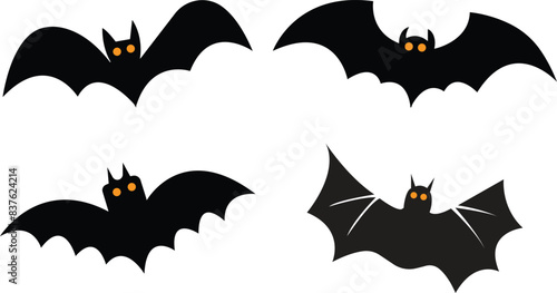 Set of sticker with mouse for Halloween decorations. Black Fill icons with animals from different sides flies, hangs, sleep. Bat horror, Flying fox night creatures isolated on transparent background.