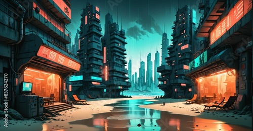 cyberpunk city desert wasteland oasis. sci-fi lo-fi futuristic town buildings and skyscrapers. urban technological cityscape with river water.