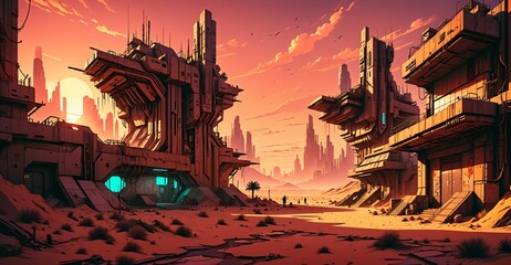 Papier peint photo Corail cyberpunk desert wasteland city sunset. post apocalyptic sci-fi lo-fi town futuristic buildings and skyscrapers. landscape with mountains in horizon.  © Shane Sparrow