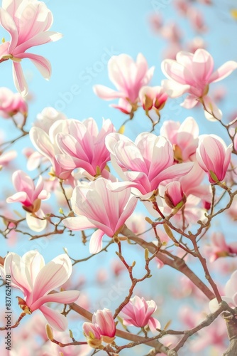 A stunning display of magnolia blossoms  featuring numerous pink and white flowers in full bloom