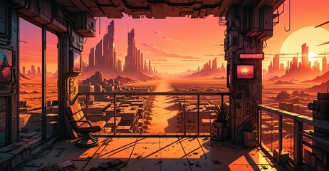 Papier peint photo Corail desert cyberpunk wasteland lo-fi sci-fi post apocalyptic city balcony terrace view from skyscraper building at sunset. landscape cityscape cyber town slum ghetto.  © Shane Sparrow