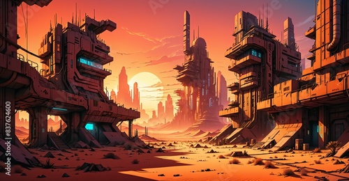 cyberpunk desert wasteland city sunset. post apocalyptic sci-fi lo-fi town futuristic buildings and skyscrapers. landscape with mountains in horizon.