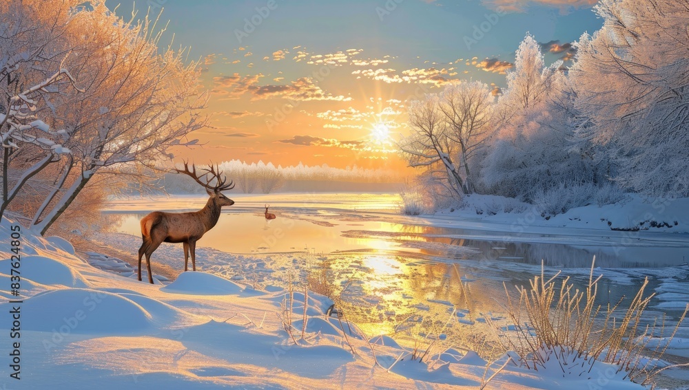 Fototapeta premium a beautiful winter landscape with trees covering deer