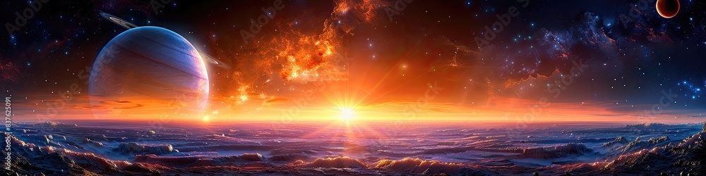 A beautiful sunset over a city with a large planet in the background A beautiful sunset over a city with a large planet in the background