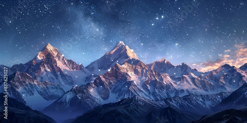 Majestic Snowy Peaks Under a Starry Nightscape Awe Inspiring Mountain Landscape with Milky Way Galaxy © Thares2020