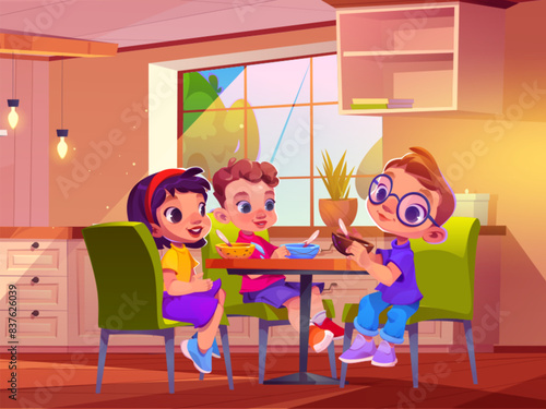 Three children eat food from bowls sitting at table in bright room with large window. Cartoon vector preschool kid friends during breakfast or dinner. Boys and girl in kindergarten dining room.
