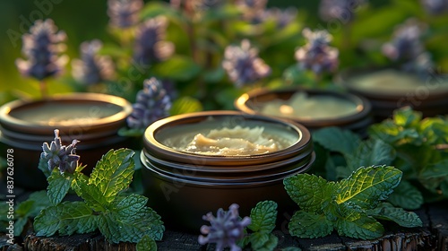 A shea butter balm tin with fresh mint leaves beside it.
