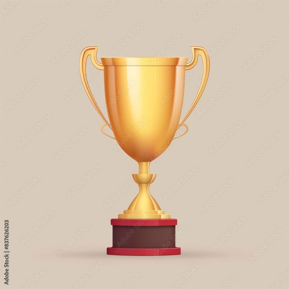 Winner, Golden Cup. A close-up image of a shiny gold trophy with two handles and a red base against a light tan background Winner, Golden Cup. A close-up image of a shiny gold trophy with two handles and a red base against a light tan background