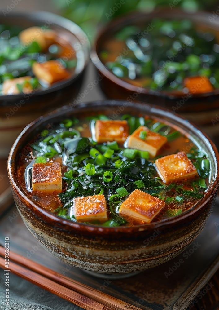Miso Soup - Traditional soup with tofu, seaweed, and green onions. Miso Soup - Traditional soup with tofu, seaweed, and green onions.