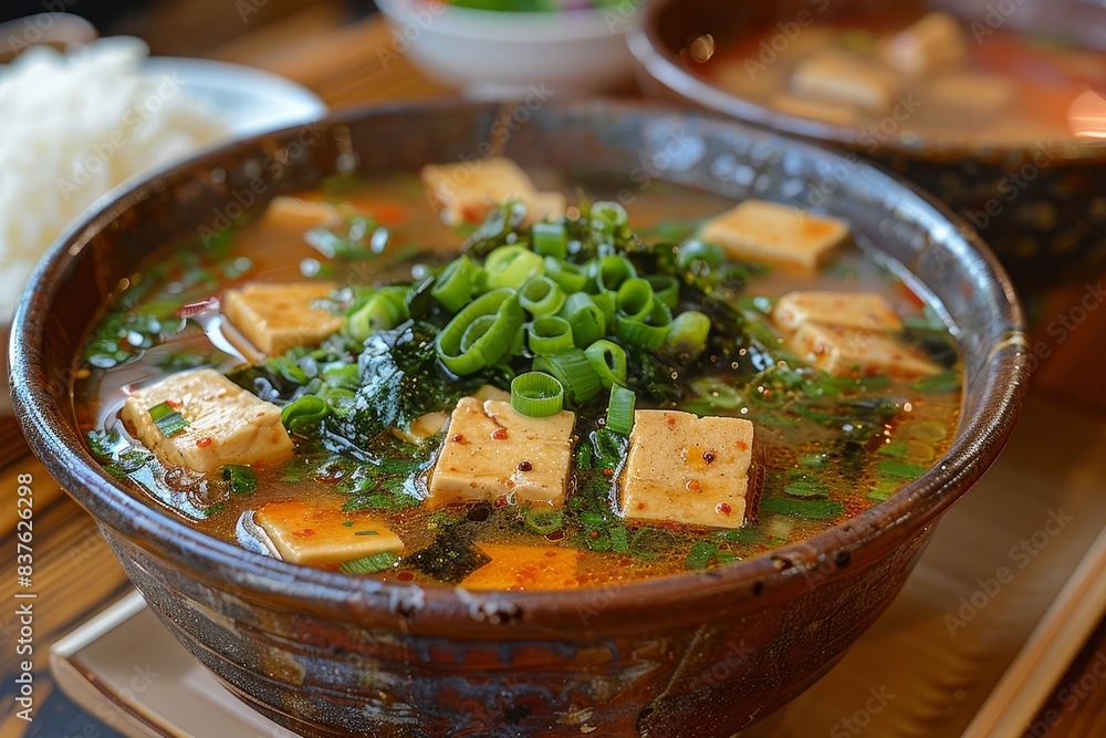 Miso Soup - Traditional soup with tofu, seaweed, and green onions. Miso Soup - Traditional soup with tofu, seaweed, and green onions.