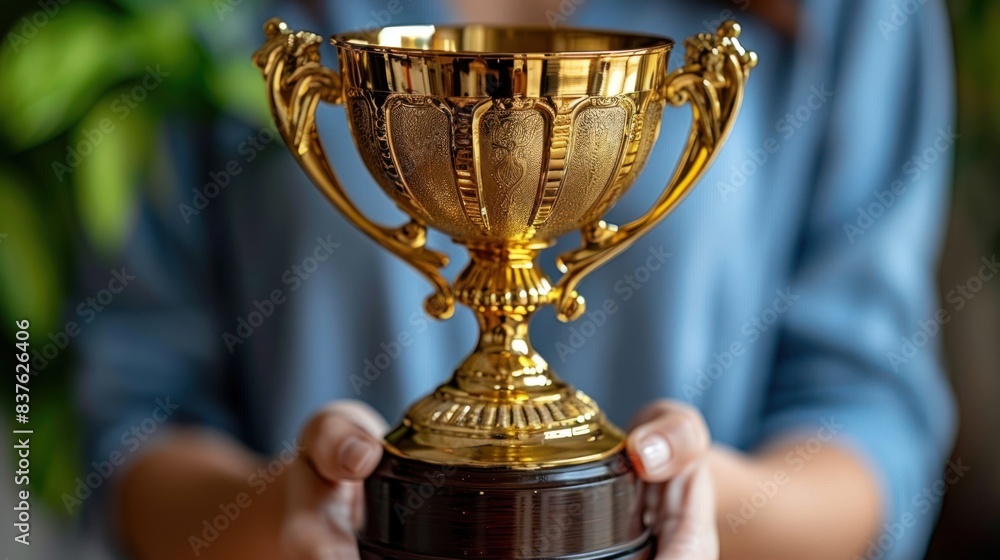 Winner, Golden Cup. A person holds a gold trophy in their hands with a blurred background Winner, Golden Cup. A person holds a gold trophy in their hands with a blurred background
