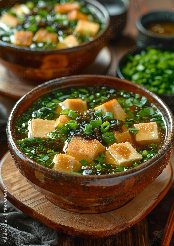 Miso Soup - Traditional soup with tofu, seaweed, and green onions. Miso Soup - Traditional soup with tofu, seaweed, and green onions.