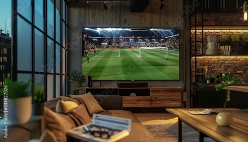 A living room with a large flat screen TV showing a soccer game