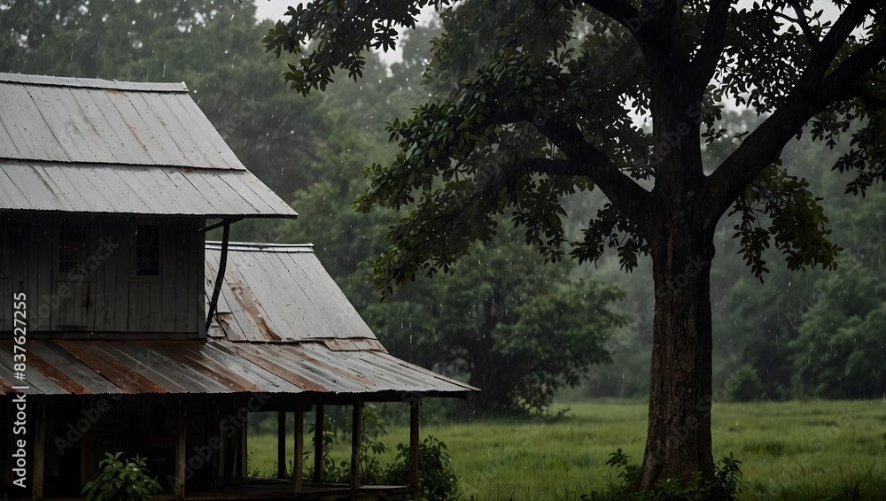 The soothing sound of raindrops tapping on a tin roof, lulling a weary traveler into a peaceful slumber ai_generated The soothing sound of raindrops tapping on a tin roof, lulling a weary traveler into a peaceful slumber ai_generated