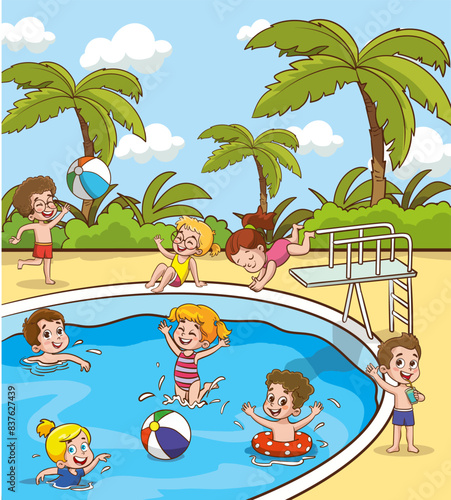 Children in aqua park swimming pool having fun.Summer Outdoor Activity Concept Cartoon Vector Illustration