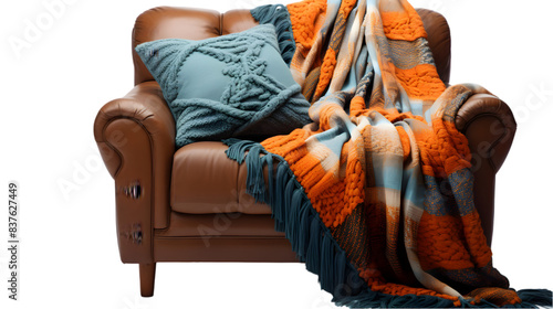 Comfort and Coziness: Stylish Armchair with Throw Blanket on White Background