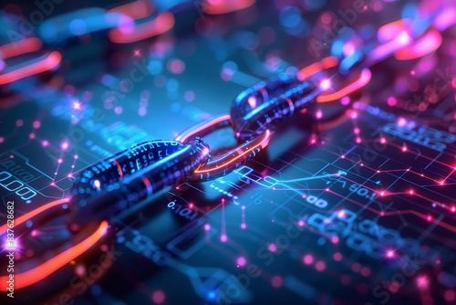 Blockchain technology, digital ledger, holographic interface, futuristic design, neon lights, high detail, 3D rendering, cyber elements, blue and purple hues